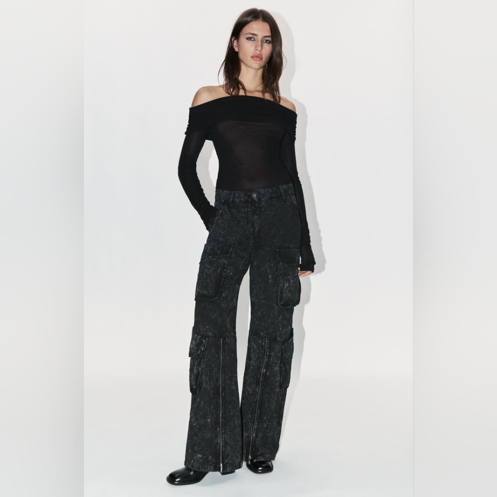 NWT ZARA Relaxed Mid-Waist Cargo Wide-Leg Jeans Zipper Detail ZW Collection XS,M